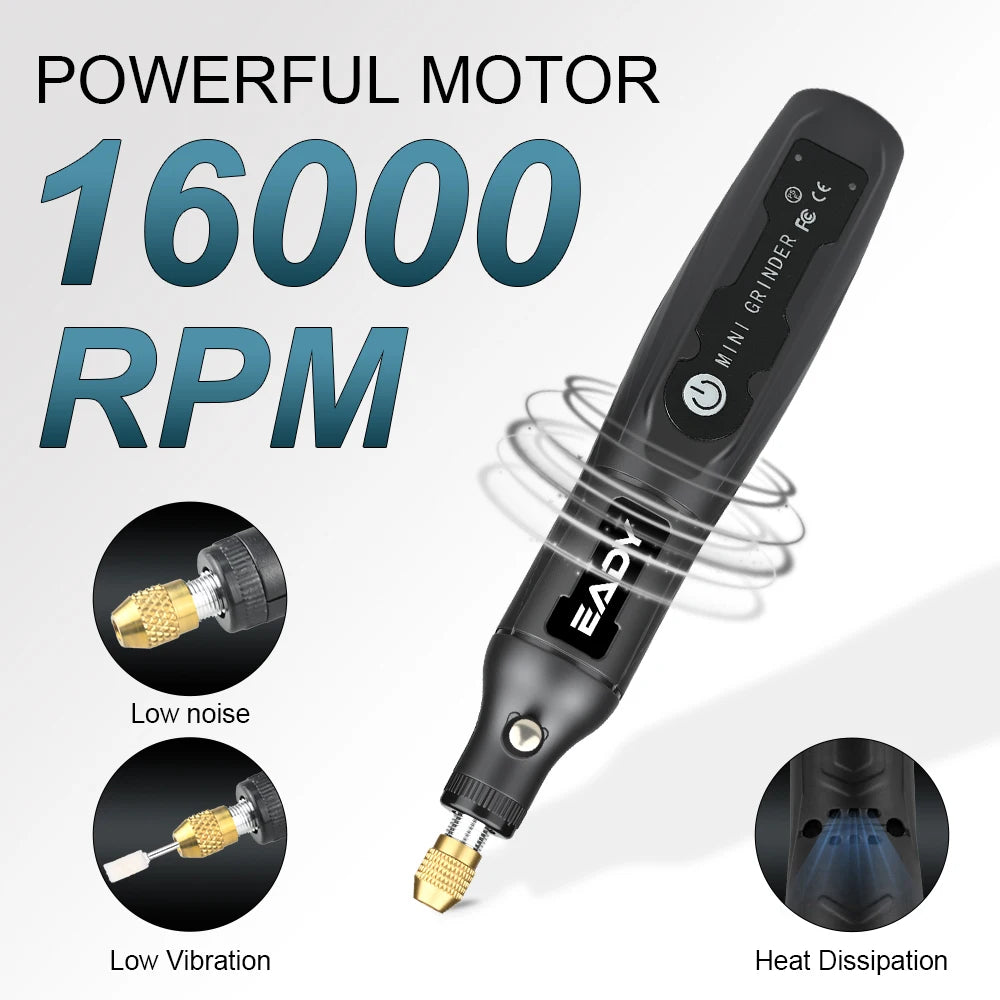A black cordless mini grinder tool with a gold tip, showing features like low noise, low vibration, and heat dissipation.