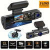 A black 3-lens dash cam device with a screen display and separate camera module, showing various features.