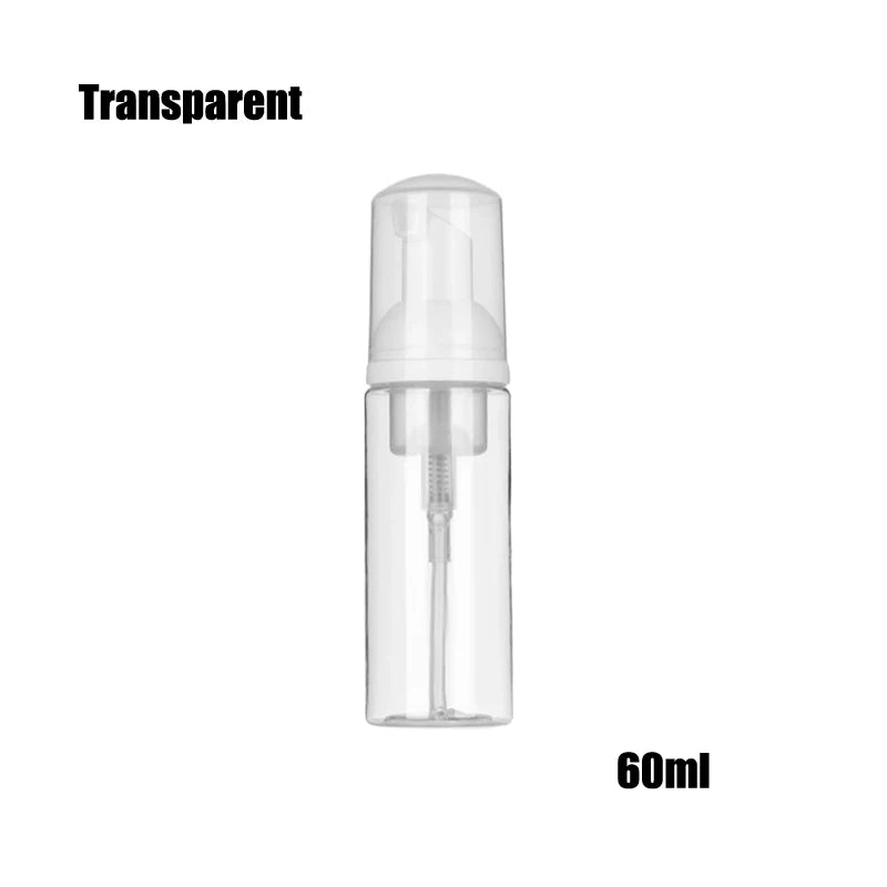 A clear plastic refillable foaming soap dispenser bottle with a pump mechanism.