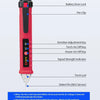 A red pen-shaped non-contact AC voltage detector with various buttons and a torch led visible.