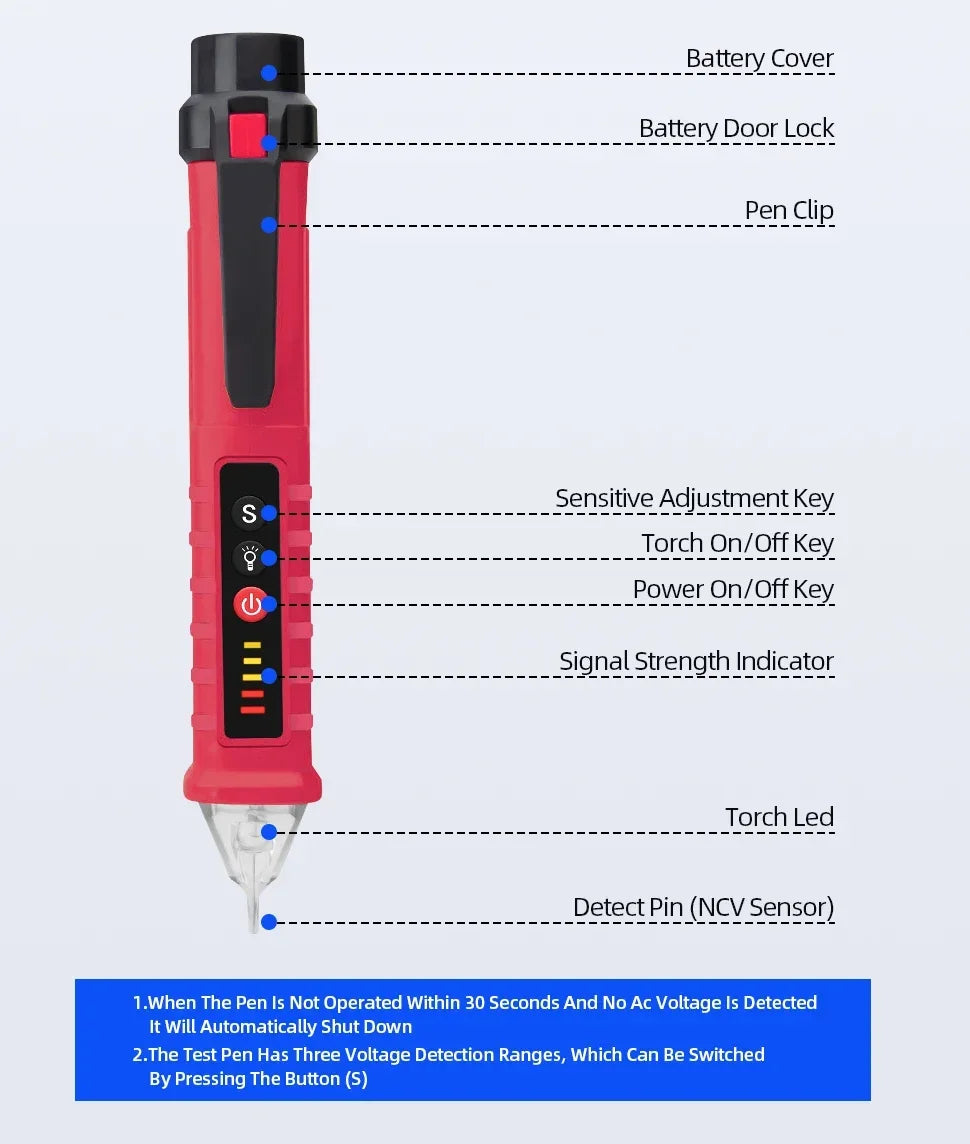 A red pen-shaped non-contact AC voltage detector with various buttons and a torch led visible.