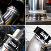 Close-up view of a heavy-duty aluminum V-band clamp and flange assembly used in automotive or mechanical applications.