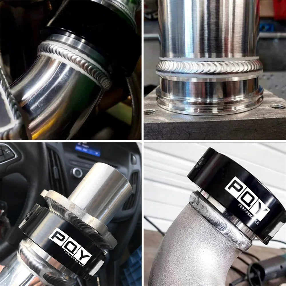 Close-up view of a heavy-duty aluminum V-band clamp and flange assembly used in automotive or mechanical applications.
