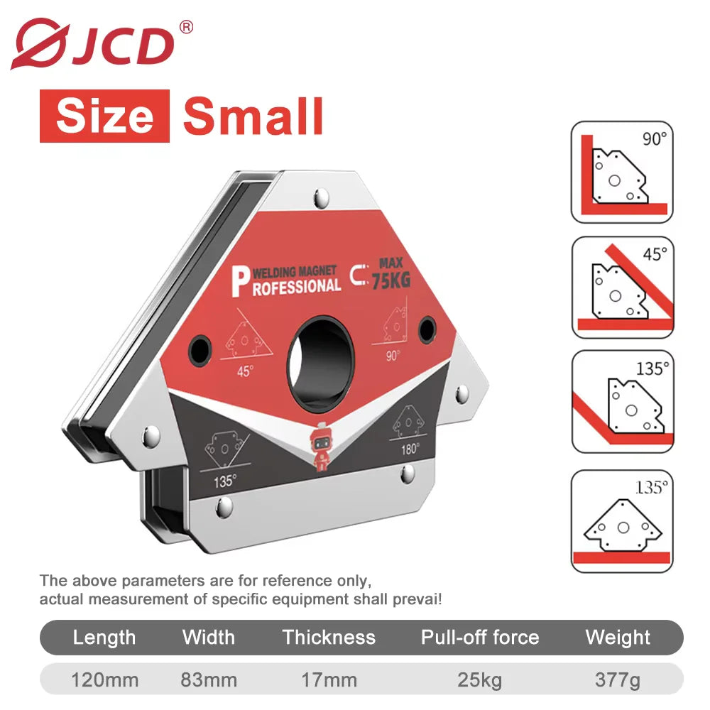 A set of four magnetic welding holders with different angles (45°, 90°, 135°) shown with dimensions and weight specifications