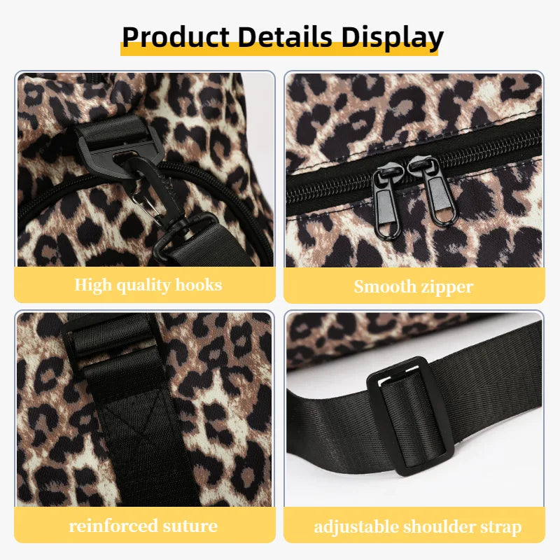 Display of a leopard print travel tote featuring high quality hooks, smooth zipper, reinforced suture, and an adjustable shou