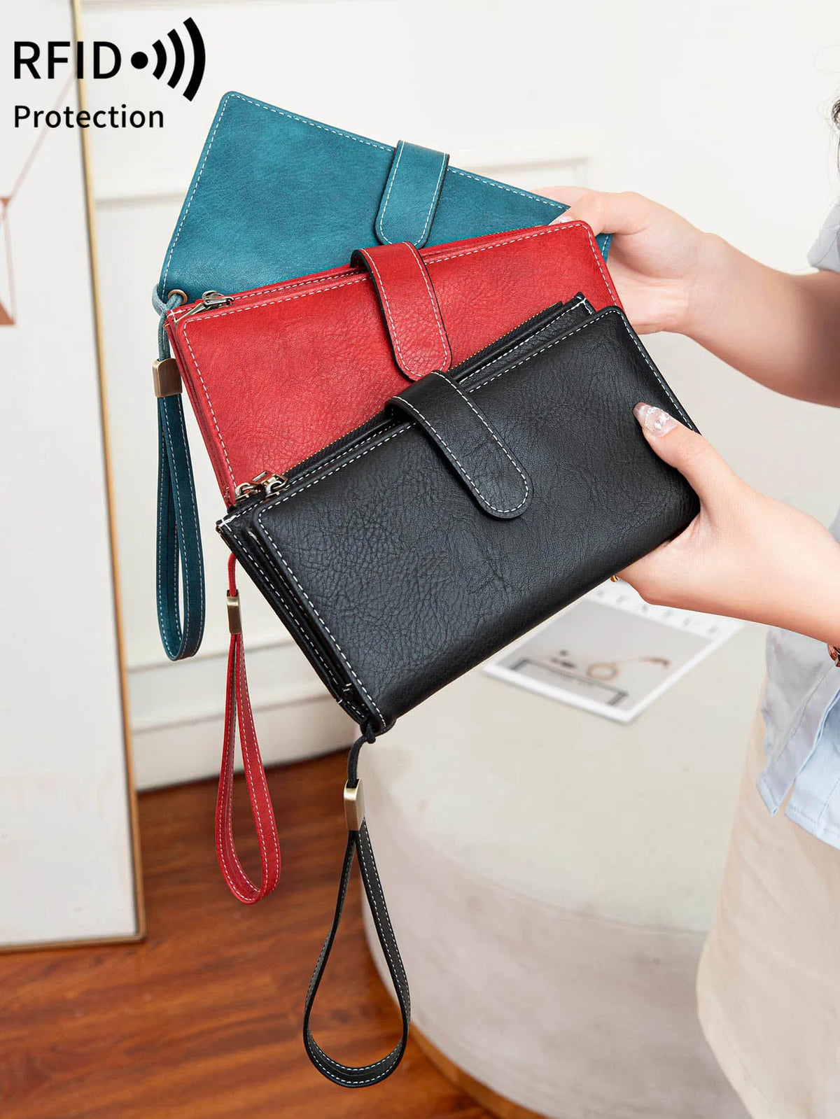Vintage RFID-Blocking Long Wallet with Wristlet Strap