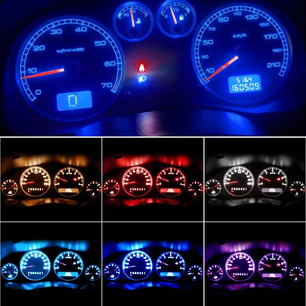 Close-up view of a car dashboard showing various LED bulbs for interior and exterior lights.