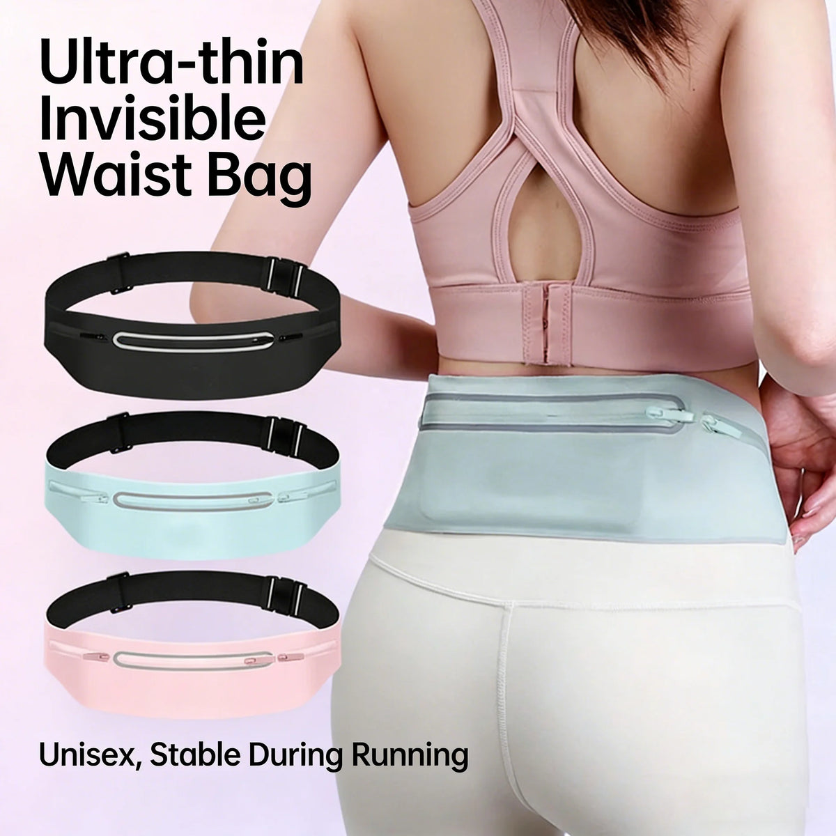 A woman is wearing a pink ultra-thin invisible waist bag on her torso, with various colored versions displayed below.