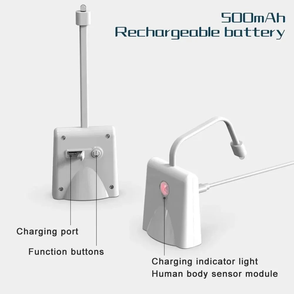 A white rechargeable battery device showing a charging port, function buttons, indicator light, and human body sensor module.