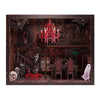 A dark, spooky miniature shelf insert depicting a gothic room with a chandelier and antique furniture.