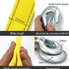 A yellow heavy-duty towing strap with a small notch design and a silver hook shown in various views.