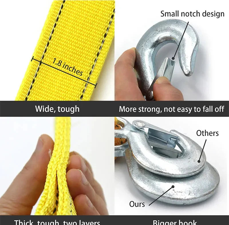 A yellow heavy-duty towing strap with a small notch design and a silver hook shown in various views.