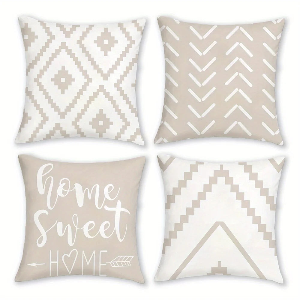 A set of four decorative pillowcases featuring a geometric white and beige pattern.