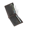 A brown genuine cowhide leather bifold wallet with a retro finish, showing several cards inside.