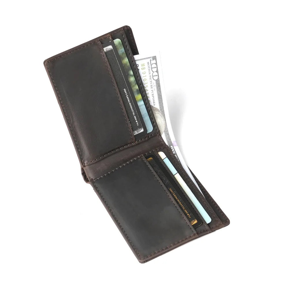 A brown genuine cowhide leather bifold wallet with a retro finish, showing several cards inside.