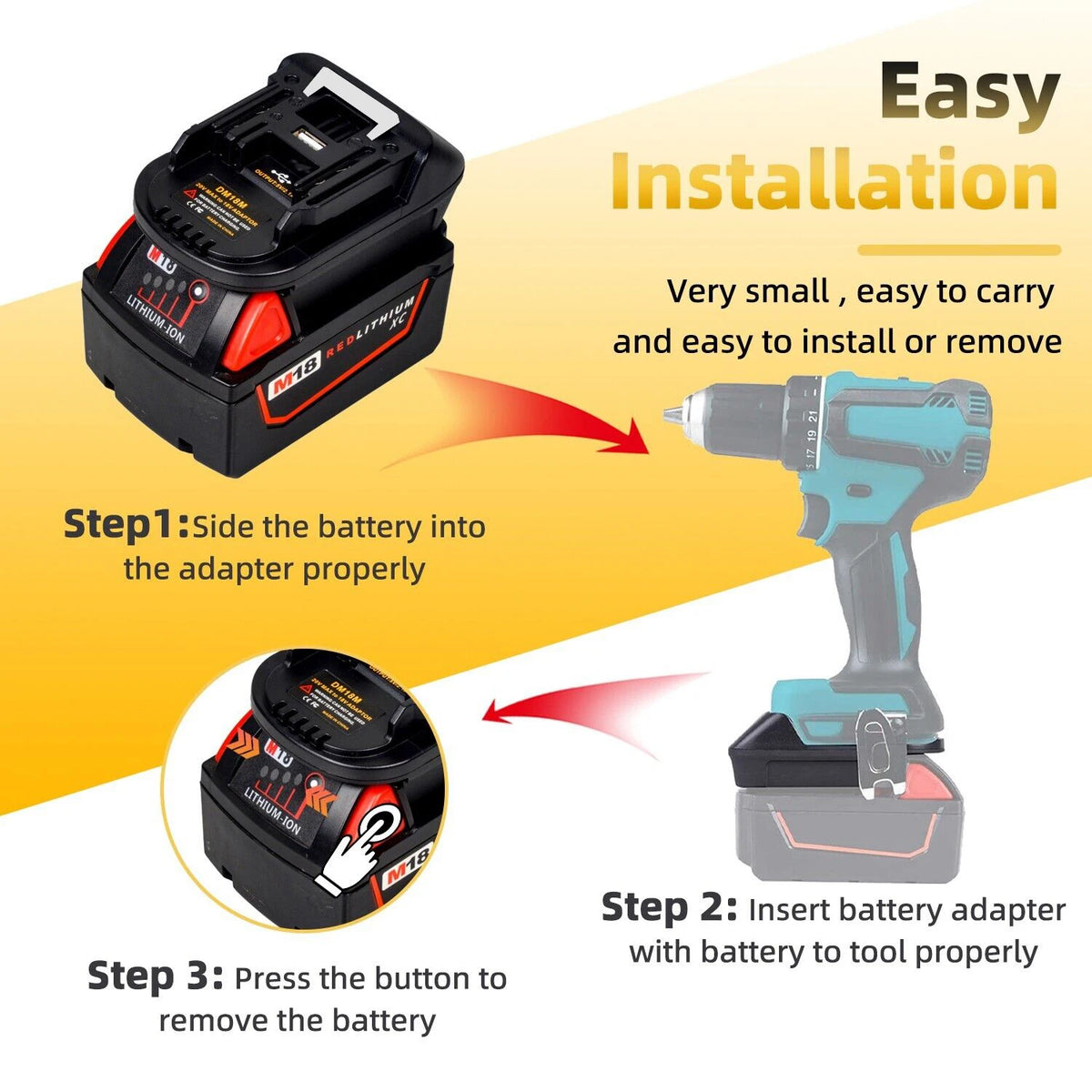 Instructions show how to install and remove a battery adapter for Makita 18V tools.