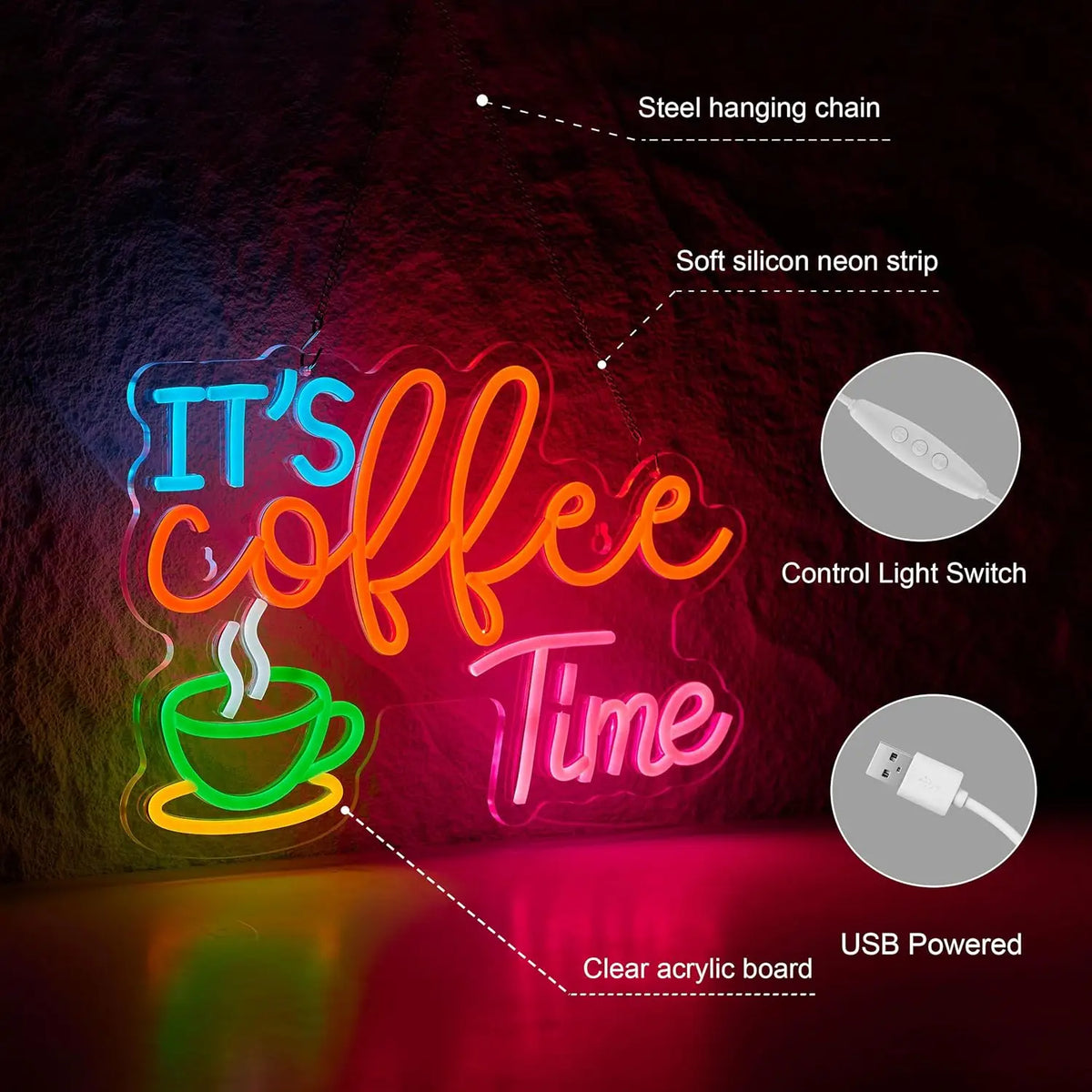 A neon sign shaped like a steaming cup of coffee with the text It's Coffee Time, powered by USB.