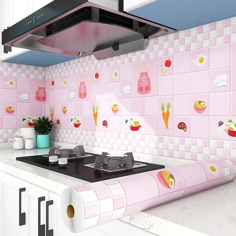Pink and white self-adhesive waterproof kitchen splashback sticker wallpaper applied to a tiled wall.