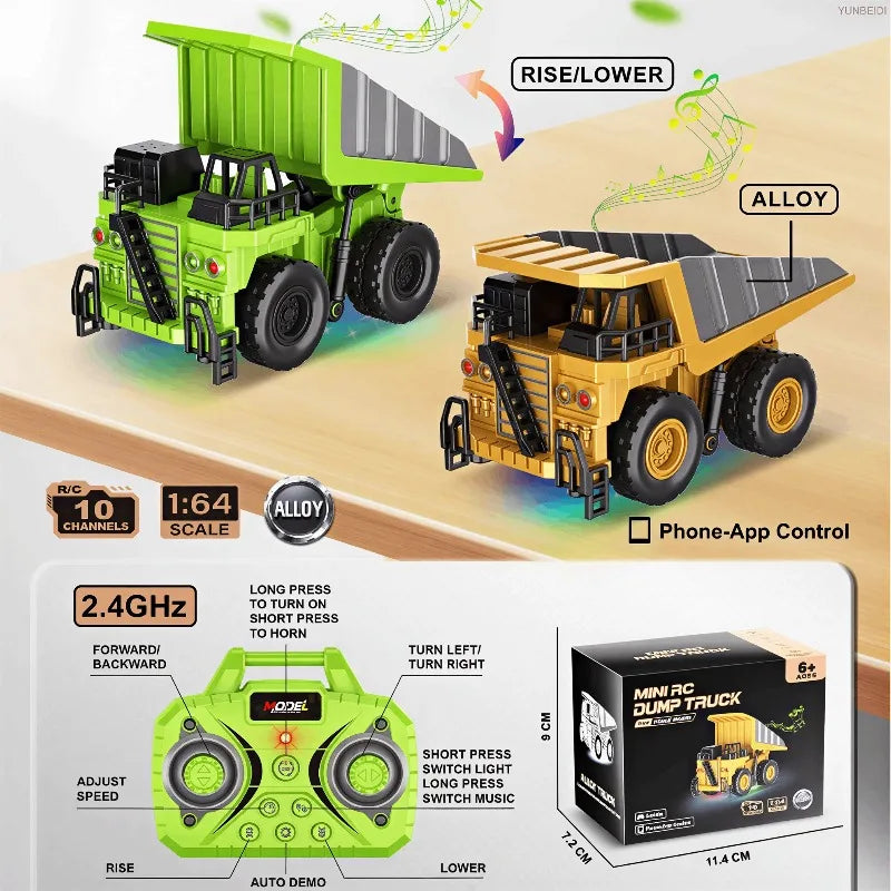 A green 1:64 scale remote control forklift with a trailer, featuring alloy construction and phone app control.