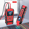 A red and black multifunctional underground cable detector device is shown scanning electrical wires on a metal grid.