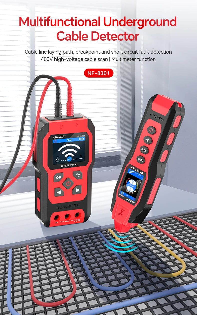A red and black multifunctional underground cable detector device is shown scanning electrical wires on a metal grid.