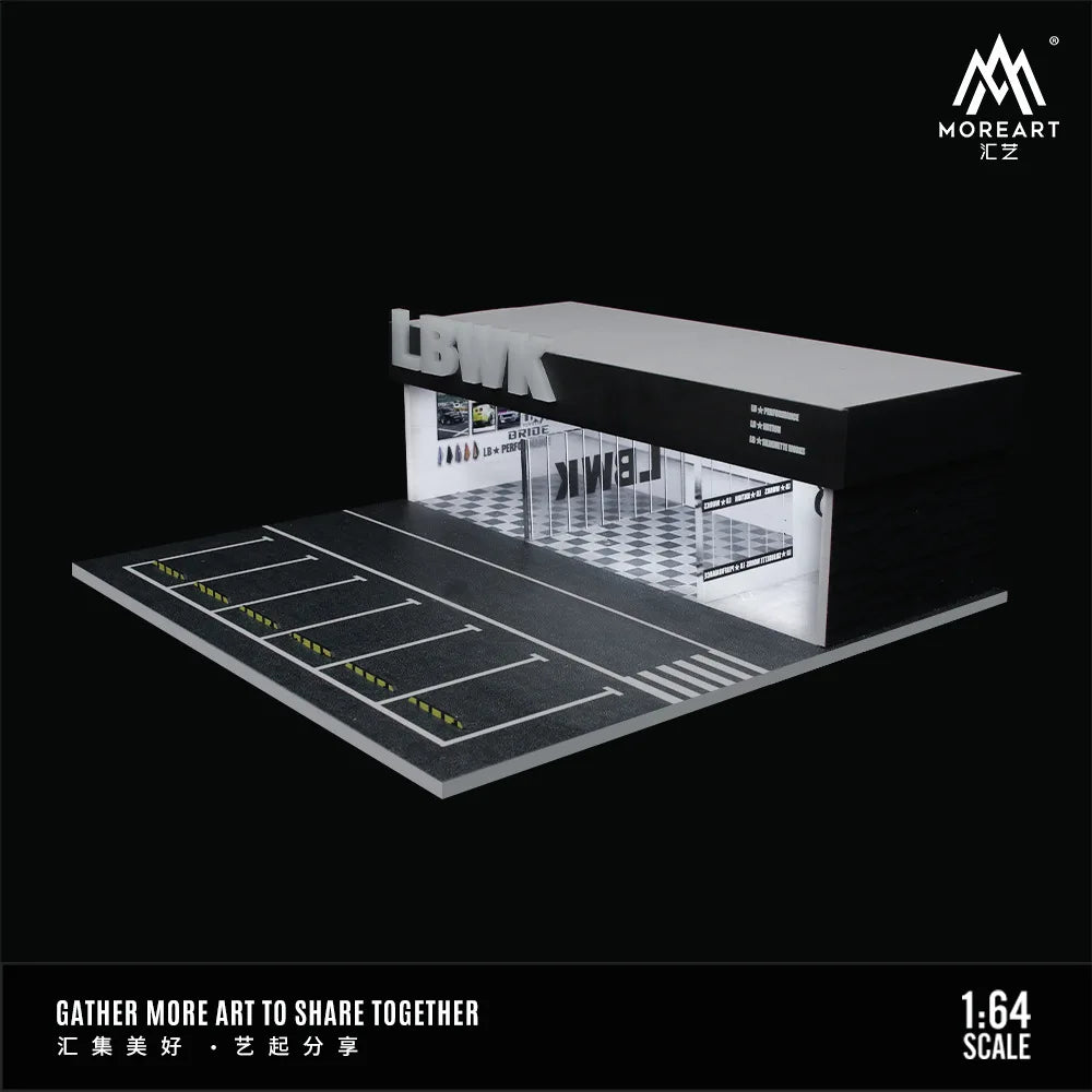 A 1:64 scale miniature garage diorama kit featuring a black and white checkered floor and interior lighting.