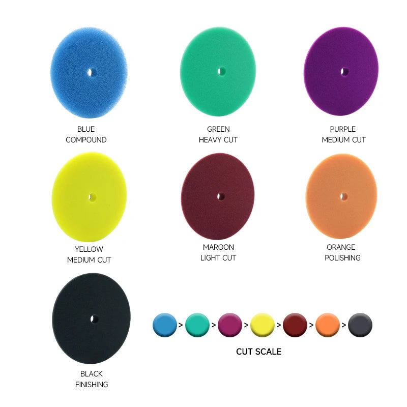 A collection of colored foam polishing pads including blue, green, purple, yellow, maroon, orange, and black finishes.