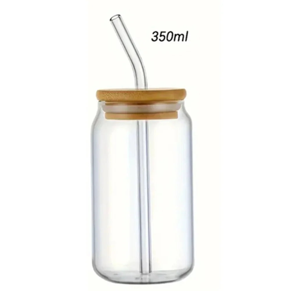 A clear glass tumbler with a bamboo lid and straw, labeled as 350ml.