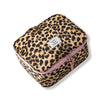 A leopard print toiletry bag with a pink zipper and a small tag is shown on a white background.