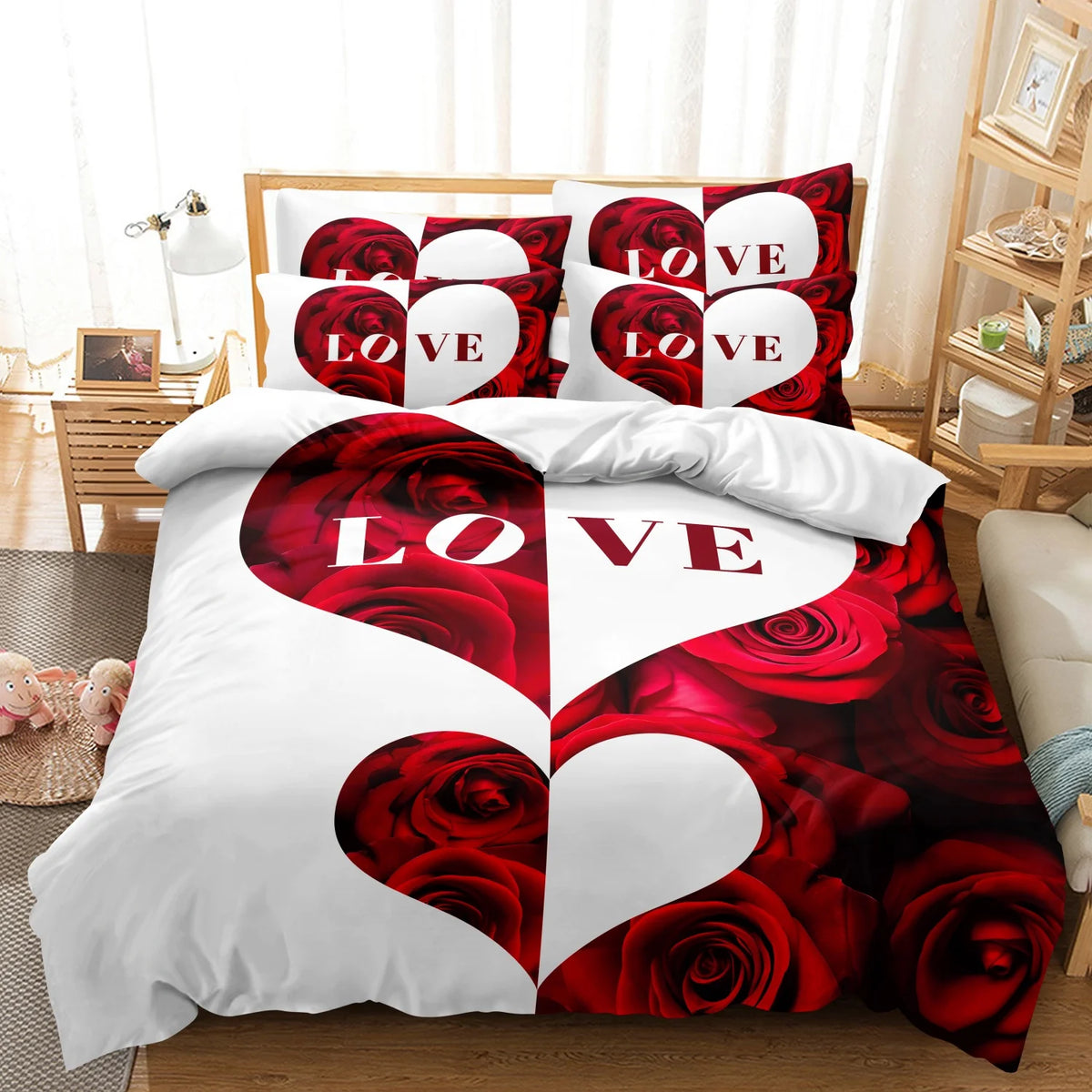 A romantic red rose floral duvet cover set featuring a heart design on white fabric.