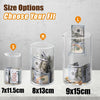 Three sizes of clear acrylic piggy banks showing different dimensions for storing coins and bills