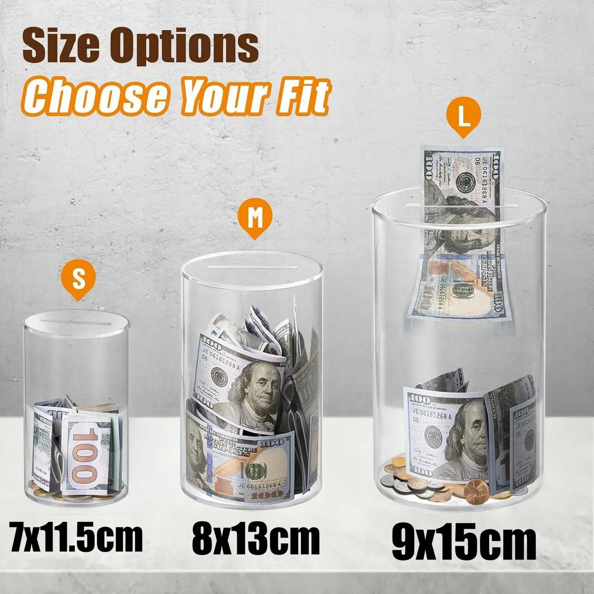 Three sizes of clear acrylic piggy banks showing different dimensions for storing coins and bills