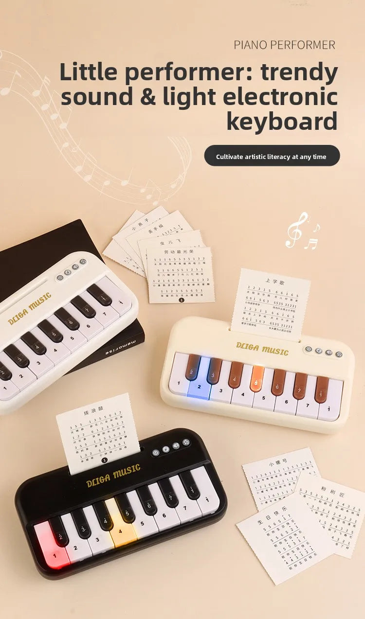 A set of DEIGA MUSIC electronic keyboards and sheet music for children, featuring colorful lights and musical notes.