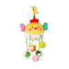 A yellow cartoon pendant toy featuring a baby head with pink ears and a yellow rattle hanging from a string.