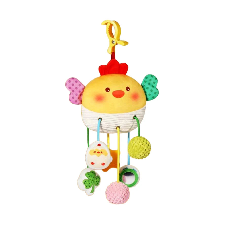 A yellow cartoon pendant toy featuring a baby head with pink ears and a yellow rattle hanging from a string.