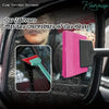 A pink and black tool used to scrape or fit a curve on a car mirror or glass surface.
