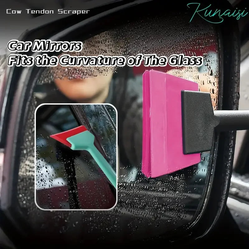 A pink and black tool used to scrape or fit a curve on a car mirror or glass surface.