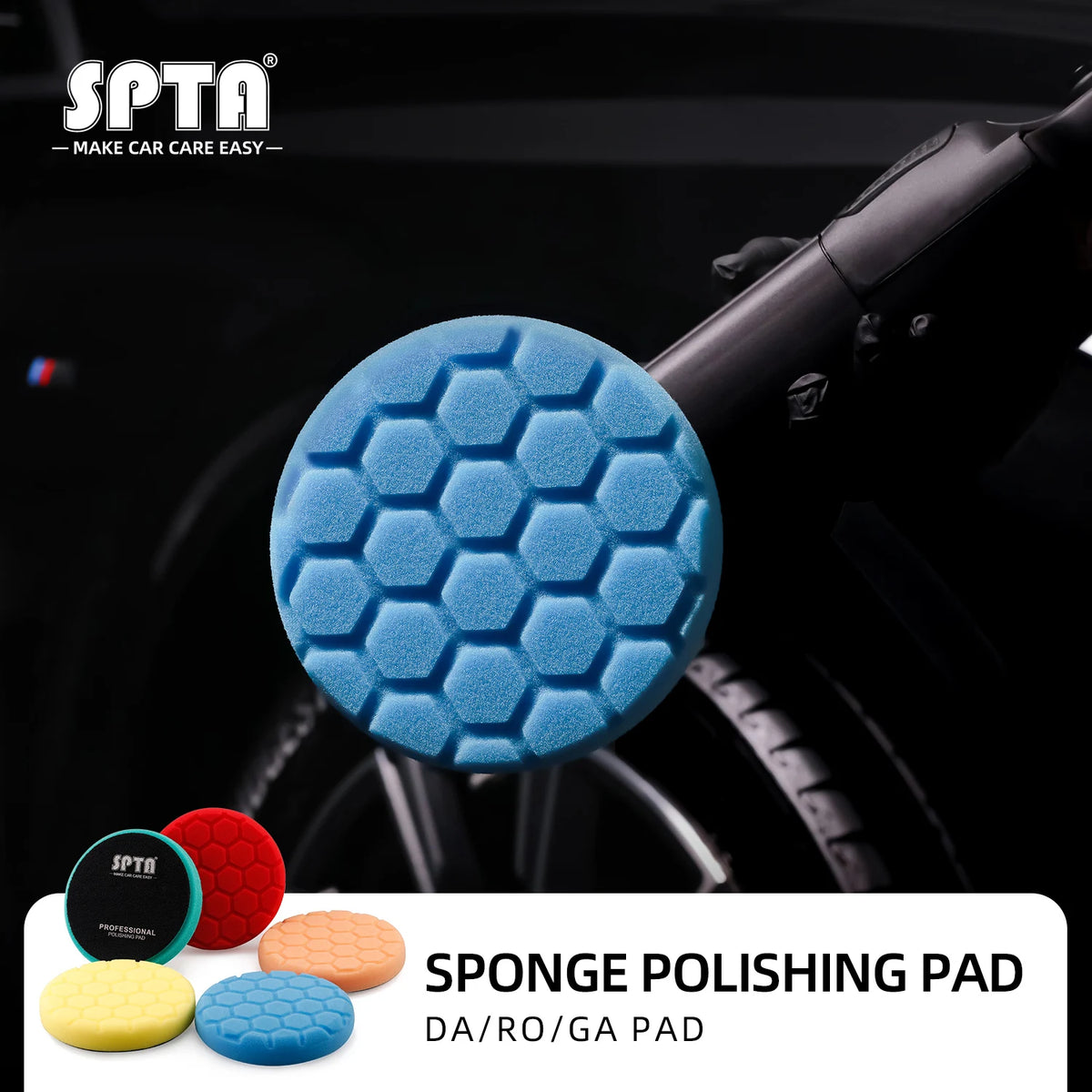 Blue sponge polishing pad for DA/RO/GA polishers shown against a dark background.