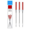 A box of HAX 1 sewing machine needles for stretch fabric, showing a clear plastic container with three sharp needles.
