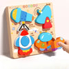 A wooden jigsaw puzzle featuring three colorful 3D animal and traffic shapes for children.