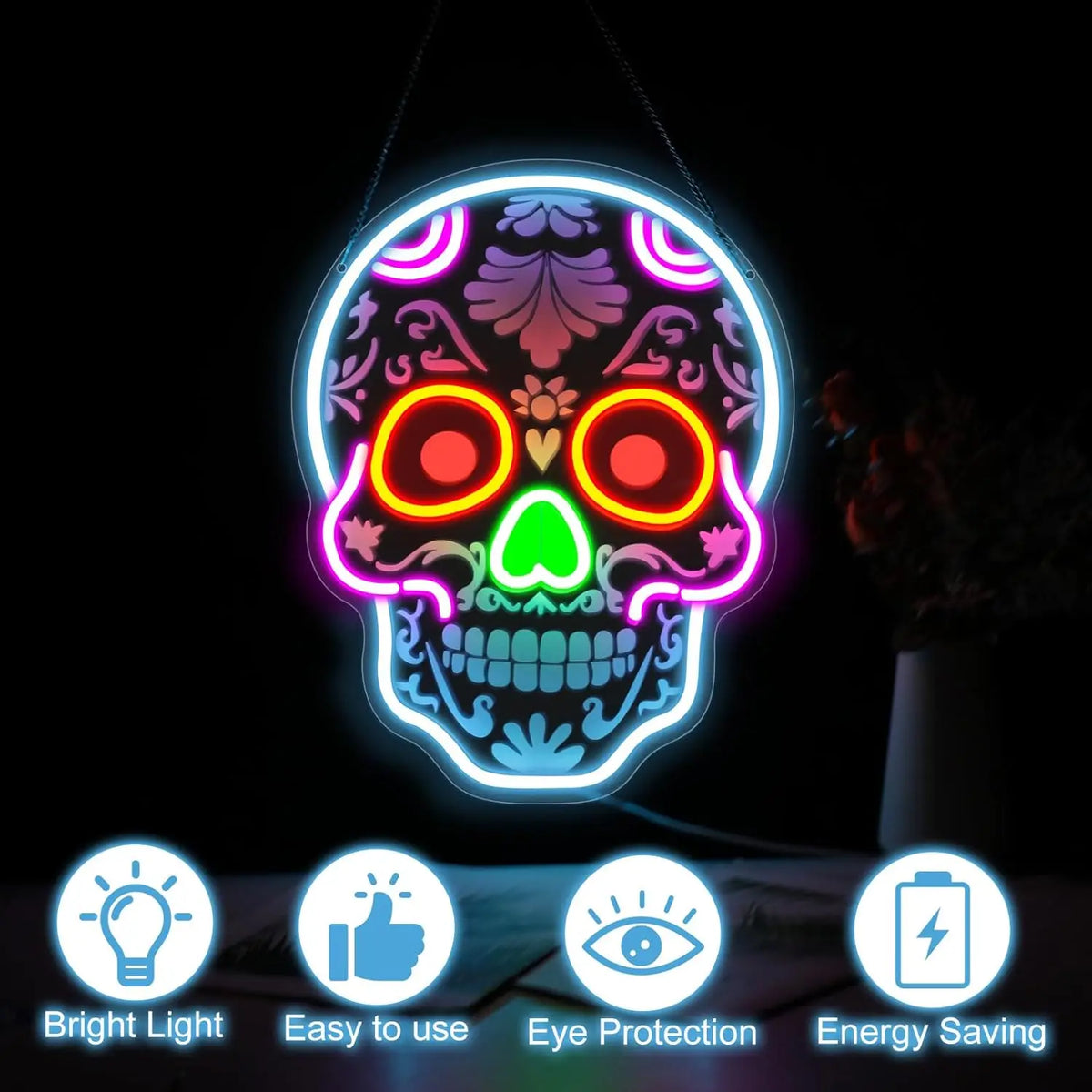 Skull-shaped LED neon light with bright colors and features for eye protection and energy saving