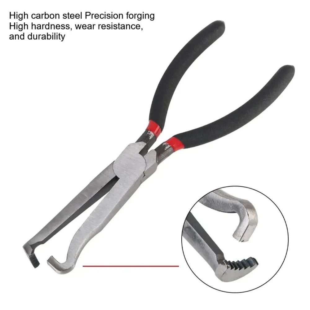 A pair of silver fuel line disconnect pliers with black handles and a close-up view of the jaws.