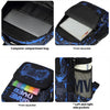 A set of a black and blue patterned backpack, internal pockets, front zip pockets, computer compartment bag, and pencil case 