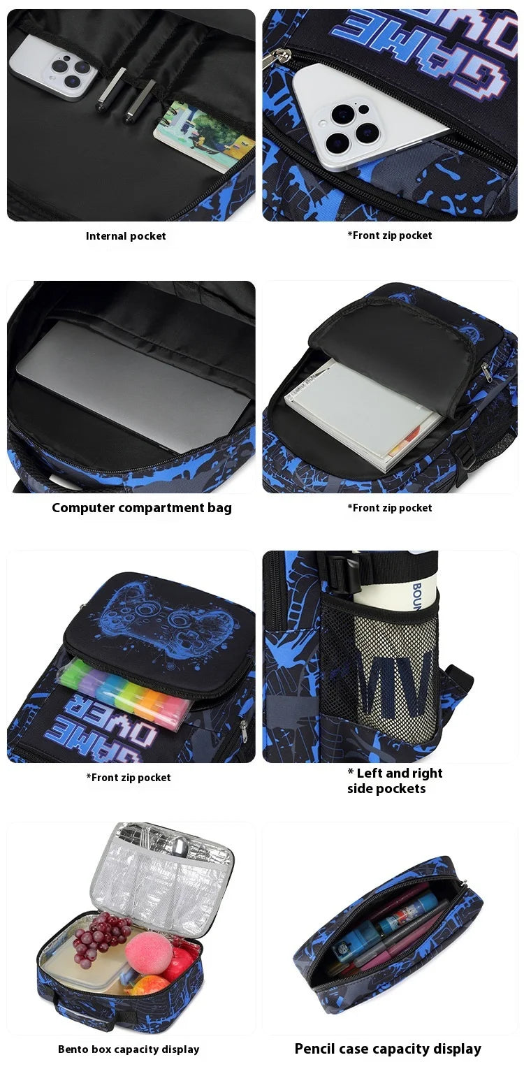 A set of a black and blue patterned backpack, internal pockets, front zip pockets, computer compartment bag, and pencil case 