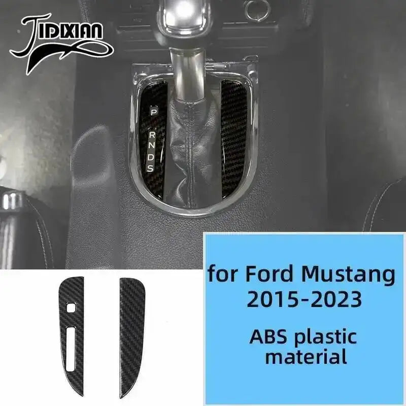 Carbon fiber grain decorative trim kit for Ford Mustang 2015-2023 featuring a metallic mounting piece.