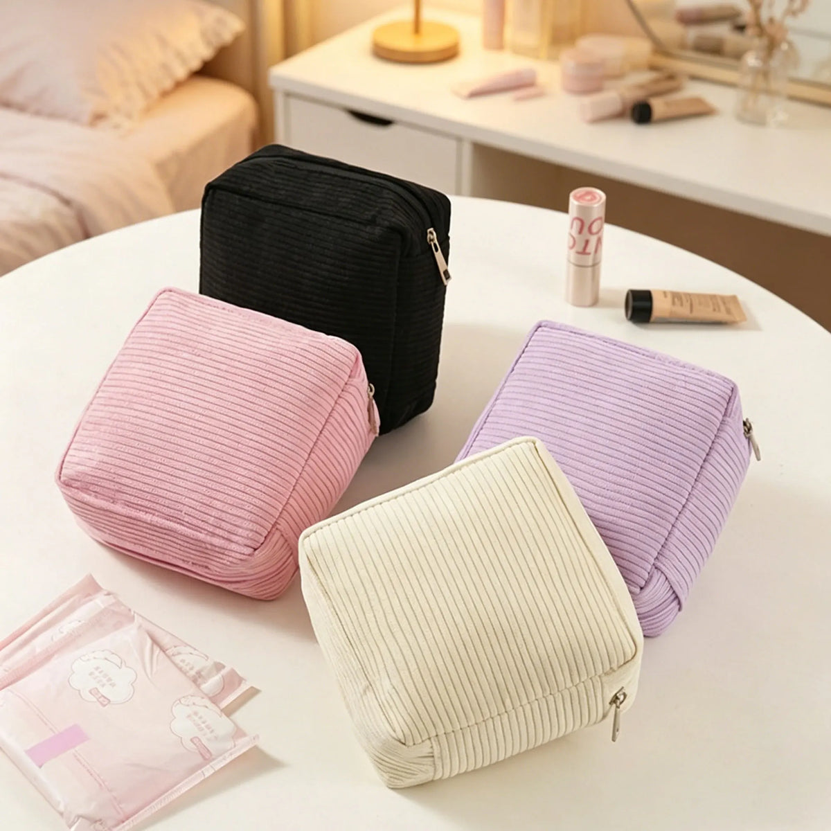 A collection of pink, purple, and beige fabric pouches for storing sanitary napkins and cosmetics on a white table.
