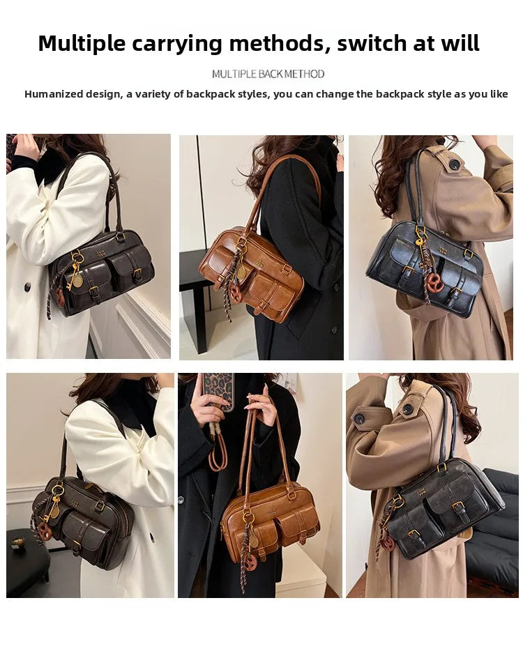 Women's Retro PU Leather Shoulder Bag with Multiple Pockets & Detachable Charm