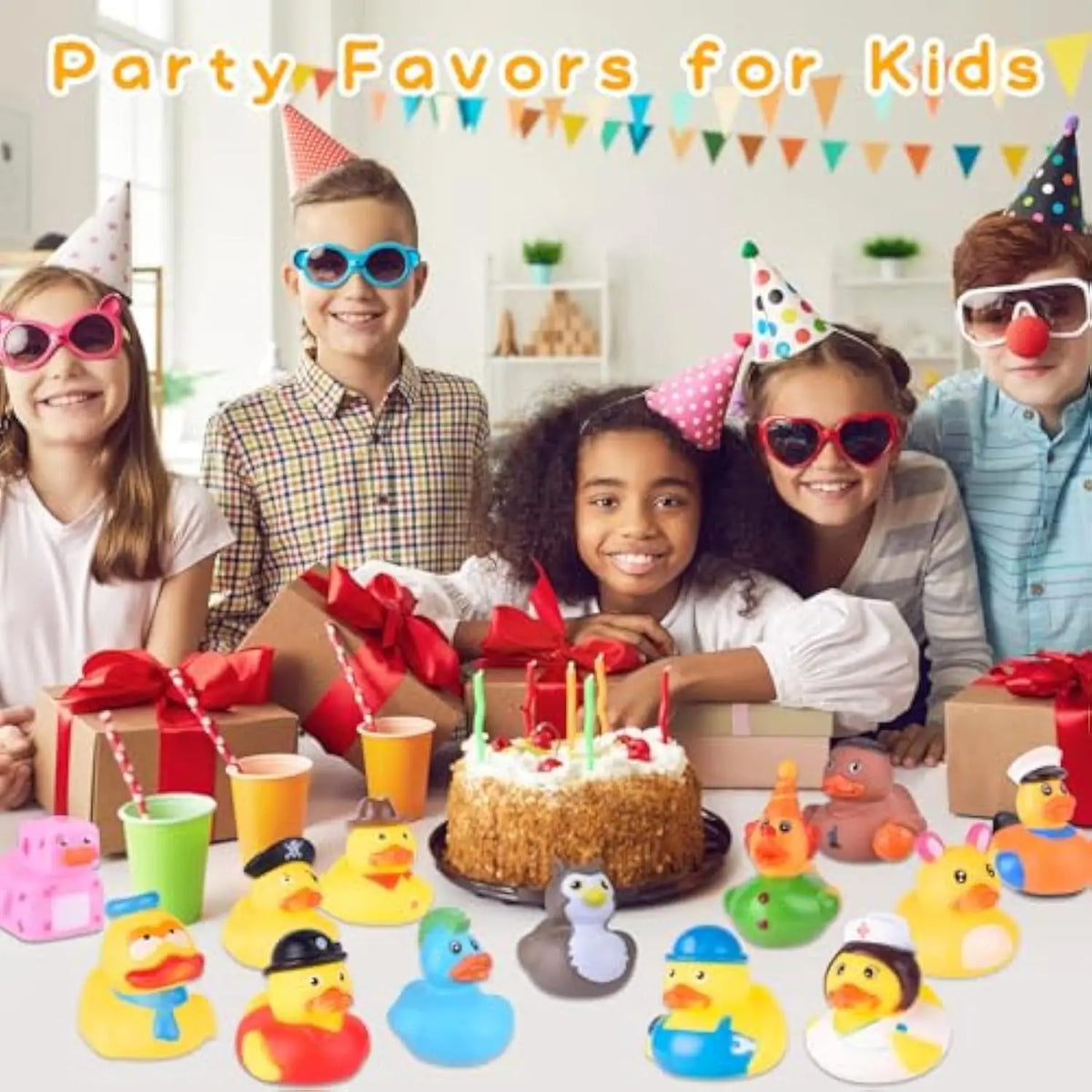 A group of children posing with various rubber duck toys for parties and bath time
