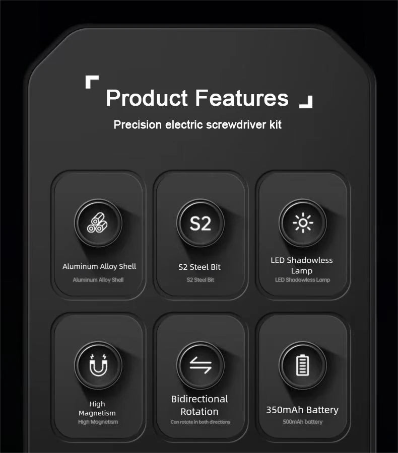 A black precision electric screwdriver kit with various tools and a 350mAh battery visible on the product packaging.