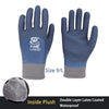 A pair of blue thermal work gloves with a gray cuff and a plush inside lining.